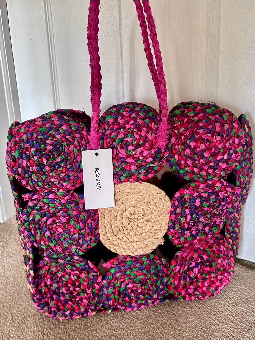 100% Natural Raffia Straw Tote - Braided Lollipop Circles